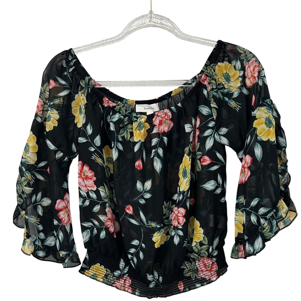 Love Tree‎ Floral Off the Shoulder Smocked Crop Top Black Yellow Red Large